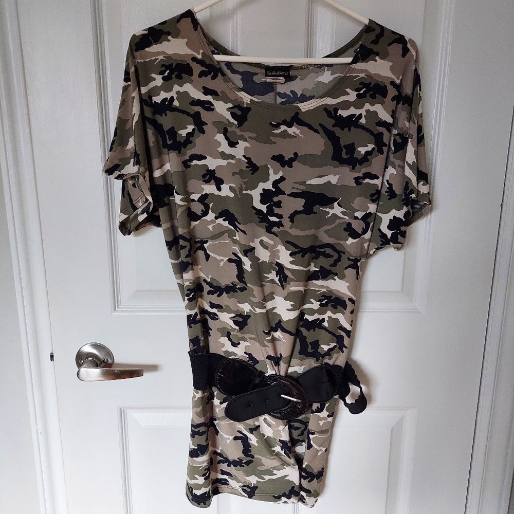 Seduction Drop waist Belt Camo Long T-shirt Dress, Size L